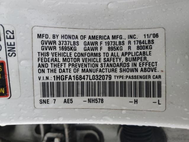 1HGFA16847L032079 - 2007 HONDA CIVIC EX WHITE photo 12