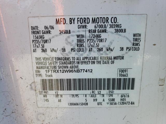 1FTRX12W96NB77412 - 2006 FORD F150 WHITE photo 12