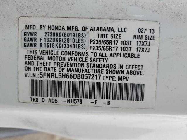 5FNRL5H66DB057217 - 2013 HONDA ODYSSEY EXL WHITE photo 13