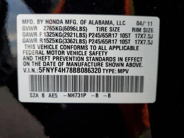 5FNYF4H78BB086320 - 2011 HONDA PILOT EXLN BLACK photo 12