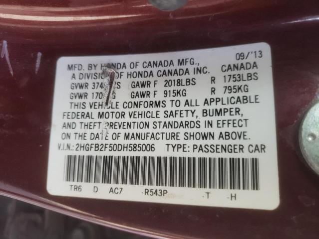 2HGFB2F50DH585006 - 2013 HONDA CIVIC LX BURGUNDY photo 12