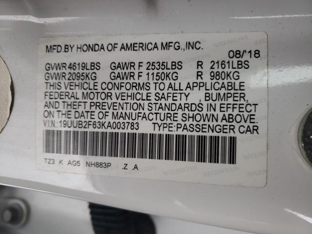19UUB2F63KA003783 - 2019 ACURA TLX TECHNOLOGY WHITE photo 12