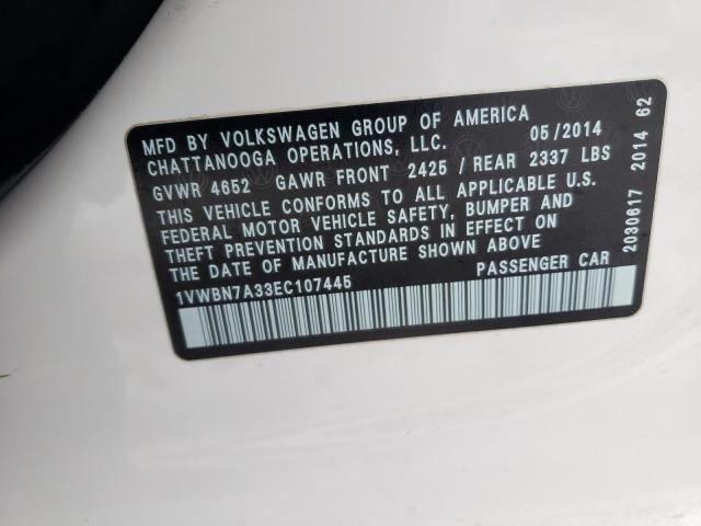 1VWBN7A33EC107445 - 2014 VOLKSWAGEN PASSAT SE WHITE photo 12