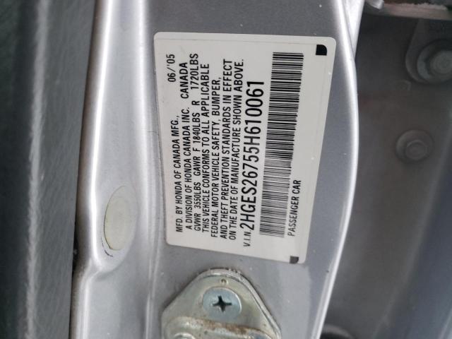 2HGES26755H610061 - 2005 HONDA CIVIC EX SILVER photo 12