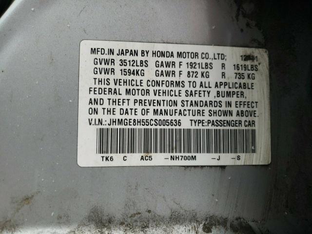 JHMGE8H55CS005636 - 2012 HONDA FIT SPORT SILVER photo 12