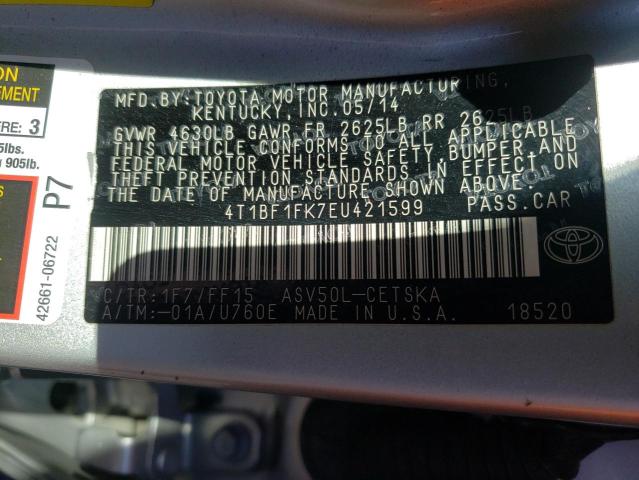 4T1BF1FK7EU421599 - 2014 TOYOTA CAMRY L SILVER photo 12