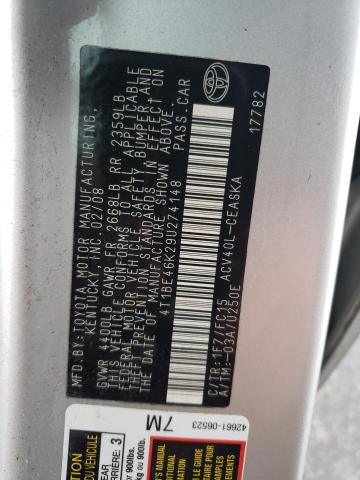 4T1BE46K29U274148 - 2009 TOYOTA CAMRY BASE SILVER photo 12