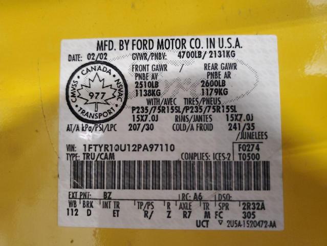 1FTYR10U12PA97110 - 2002 FORD RANGER YELLOW photo 13