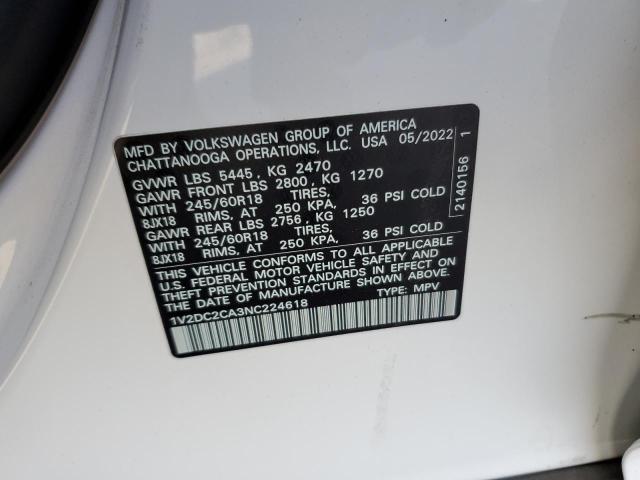 1V2DC2CA3NC224618 - 2022 VOLKSWAGEN ATLAS CROS Белый фото 13