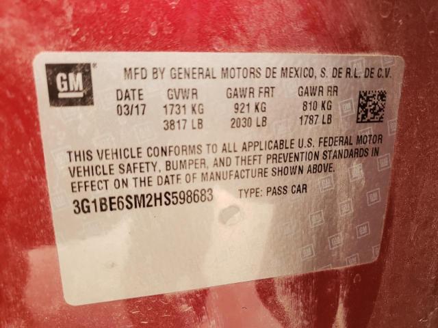 3G1BE6SM2HS598683 - 2017 CHEVROLET CRUZE LT RED photo 13