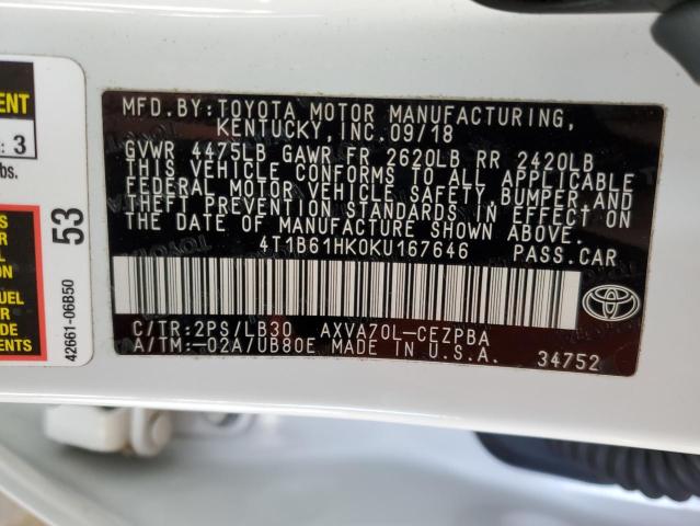 4T1B61HK0KU167646 - 2019 TOYOTA CAMRY XSE WHITE photo 12