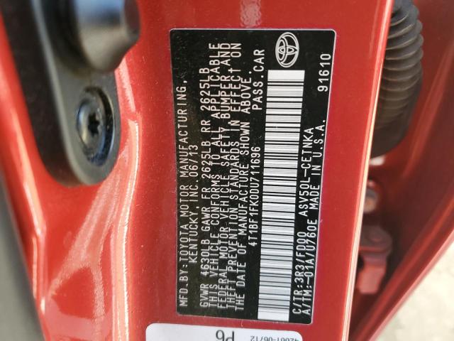 4T1BF1FK0DU711696 - 2013 TOYOTA CAMRY L RED photo 12