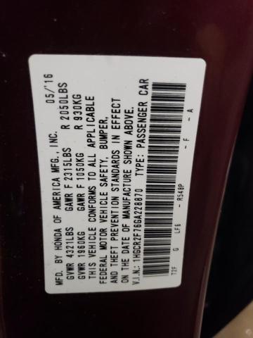 1HGCR2F76GA228870 - 2016 HONDA ACCORD EX MAROON photo 12