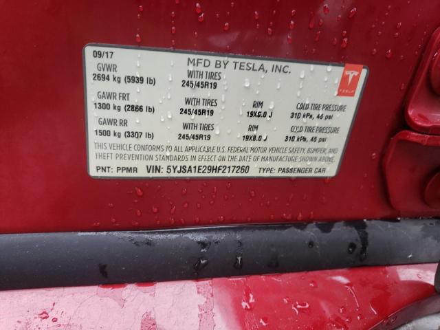 5YJSA1E29HF217260 - 2017 TESLA MODEL S წითელი ფოტო 12