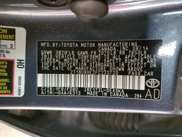 2T1BURHE2FC233720 - 2015 TOYOTA COROLLA L BLUE photo 12