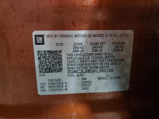 3GNCJLSB1KL285105 - 2019 CHEVROLET TRAX 1LT ORANGE photo 12