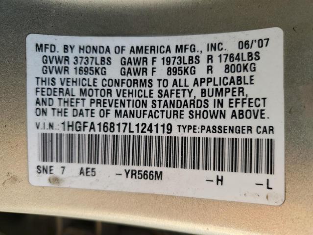 1HGFA16817L124119 - 2007 HONDA CIVIC EX GOLD photo 12