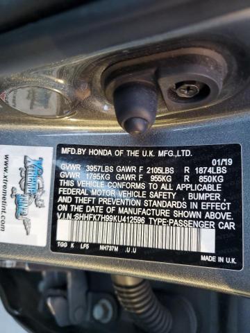 SHHFK7H99KU412596 - 2019 HONDA CIVIC SPORT TOURING GRAY photo 12