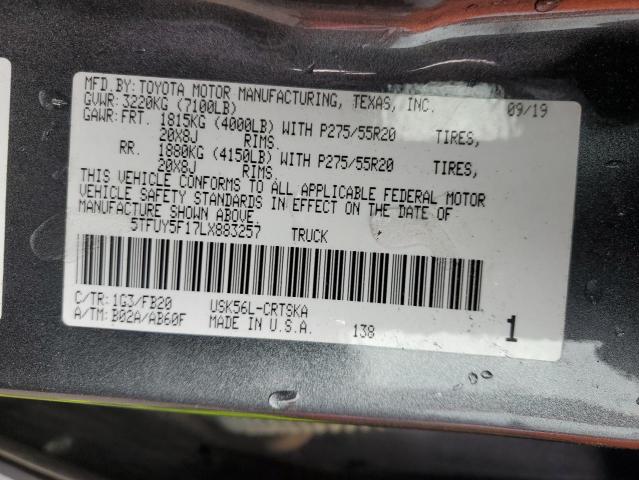 5TFUY5F17LX883257 - 2020 TOYOTA TUNDRA DOUBLE CAB SR/SR5 CHARCOAL photo 13