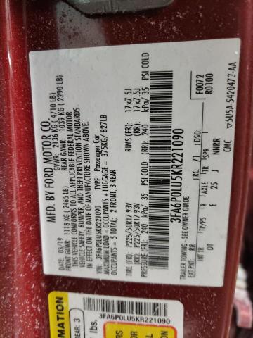 3FA6P0LU5KR221090 - 2019 FORD FUSION SE RED photo 13