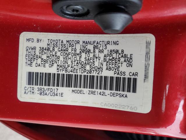 5YFBU4EE1DP207727 - 2013 TOYOTA COROLLA BASE RED photo 13