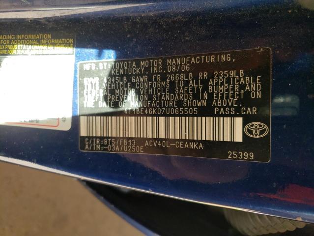 4T1BE46K07U065505 - 2007 TOYOTA CAMRY CE BLUE photo 12