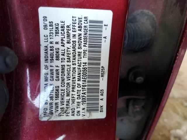 19XFA1F61AE005614 - 2010 HONDA CIVIC LX-S BURGUNDY photo 12