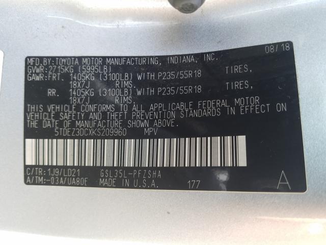 5TDEZ3DCXKS209960 - 2019 TOYOTA SIENNA SE  photo 10