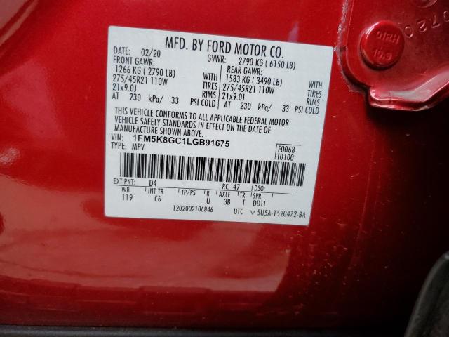 1FM5K8GC1LGB91675 - 2020 FORD EXPLORER ST RED photo 12