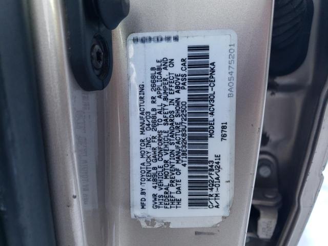 4T1BE32K83U722500 - 2003 TOYOTA CAMRY LE GOLD photo 12