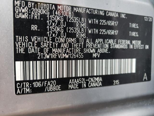 2T3W1RFV0MW126455 - 2021 TOYOTA RAV4 XLE SILVER photo 13