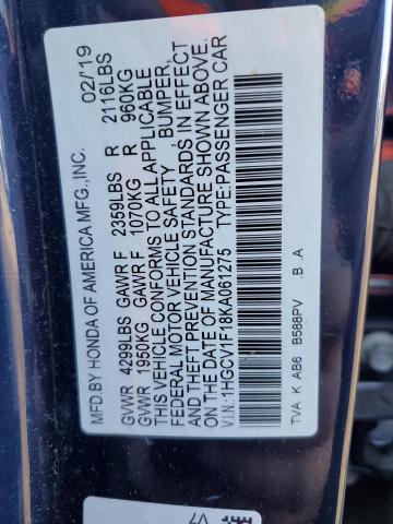 1HGCV1F18KA061275 - 2019 HONDA ACCORD LX BLUE photo 12