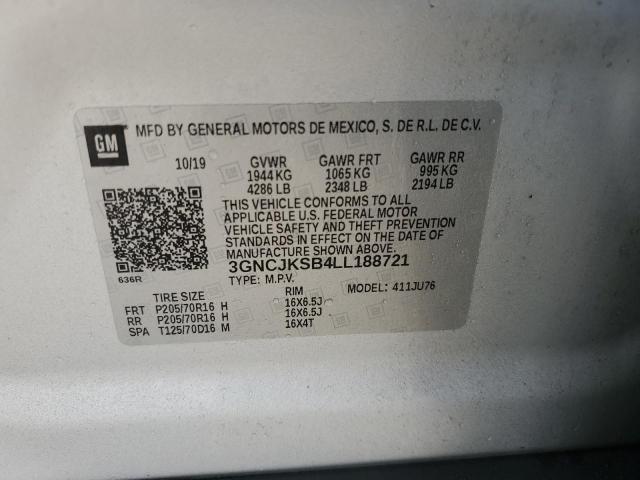 3GNCJKSB4LL188721 - 2020 CHEVROLET TRAX LS SILVER photo 13