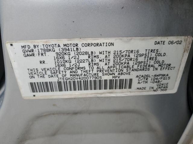 JTEGH20V420077905 - 2002 TOYOTA RAV4 SILVER photo 12