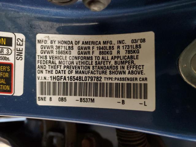 1HGFA16548L079782 - 2008 HONDA CIVIC LX BLUE photo 12