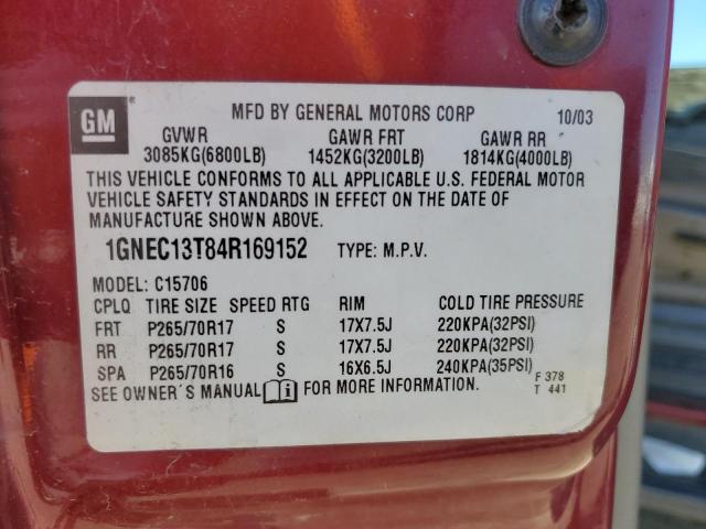 1GNEC13T84R169152 - 2004 CHEVROLET TAHOE C1500 RED photo 13