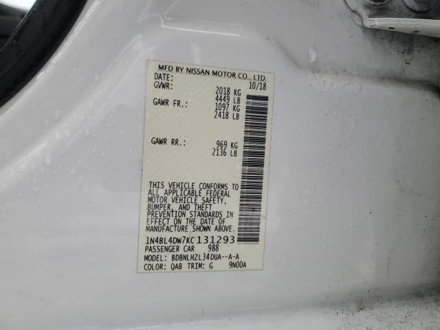 1N4BL4DW7KC131293 - 2019 NISSAN ALTIMA SV WHITE photo 12