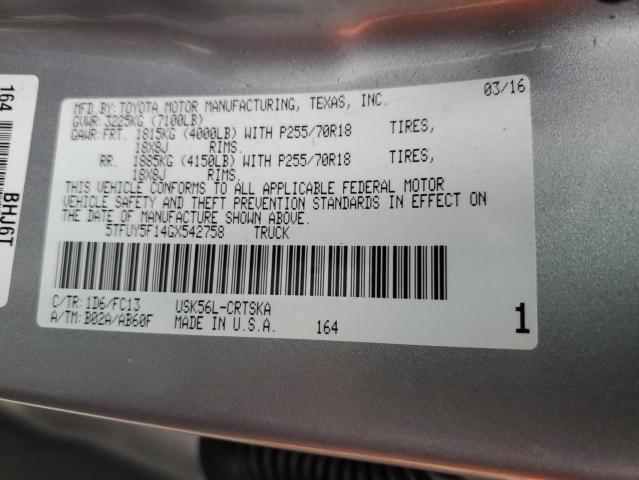 5TFUY5F14GX542758 - 2016 TOYOTA TUNDRA DOUBLE CAB SR/SR5 SILVER photo 13