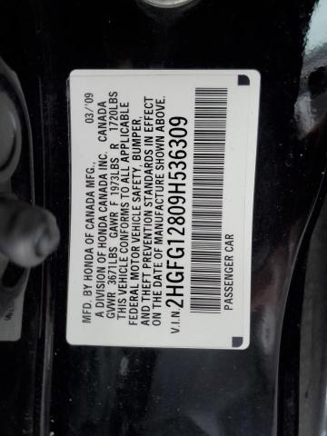 2HGFG12809H536309 - 2009 HONDA CIVIC EX BLACK photo 12