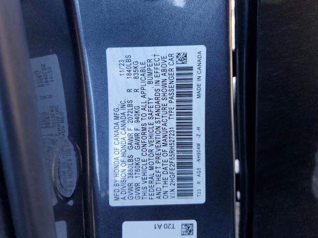 2HGFE2F55RH527231 - 2024 HONDA CIVIC SPORT GRAY photo 12