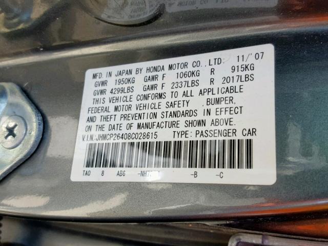 JHMCP26408C028615 - 2008 HONDA ACCORD LXP  photo 10