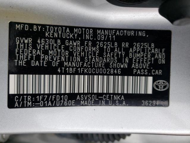 4T1BF1FK0CU002846 - 2012 TOYOTA CAMRY BASE SILVER photo 12