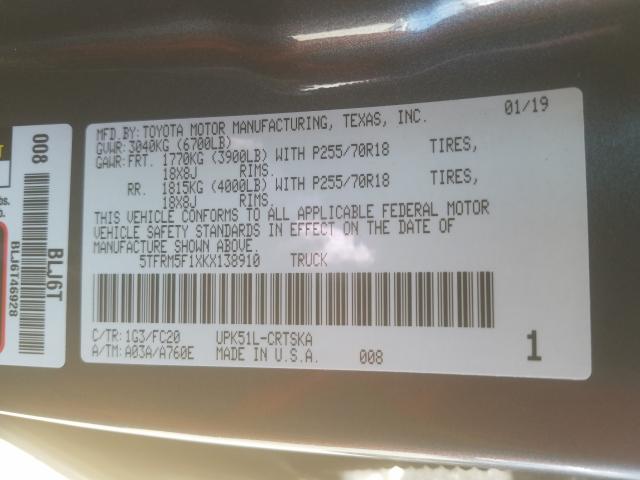 5TFRM5F1XKX138910 - 2019 TOYOTA TUNDRA DOUBLE CAB SR/SR5  photo 10