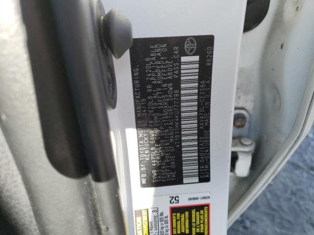 4T1B11HK4KU777788 - 2019 TOYOTA CAMRY L WHITE photo 12