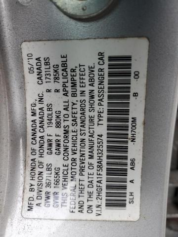 2HGFA1F58AH325574 - 2010 HONDA CIVIC LX SILVER photo 12