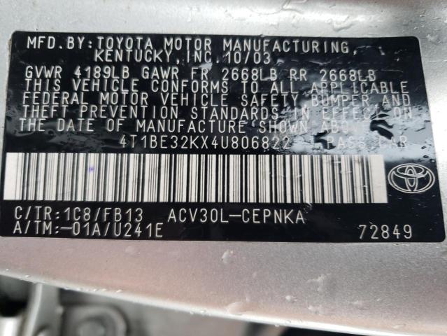 4T1BE32KX4U806822 - 2004 TOYOTA CAMRY LE SILVER photo 12