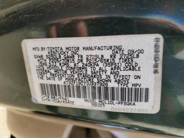 4T3ZF13C71U337926 - 2001 TOYOTA SIENNA LE GREEN photo 13