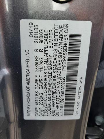 19UUB2F49KA009926 - 2019 ACURA TLX TECHNOLOGY GRAY photo 12