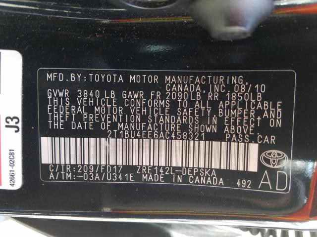 2T1BU4EE6AC458321 - 2010 TOYOTA COROLLA BASE  照片 10
