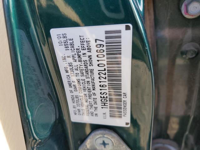 1HGES16122L010697 - 2002 HONDA CIVIC DX GREEN photo 12